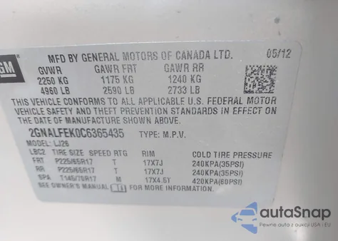 2012 Chevrolet Equinox Ltz z USA, uszkodzony, nr VIN 2GNALFEK0C6365435